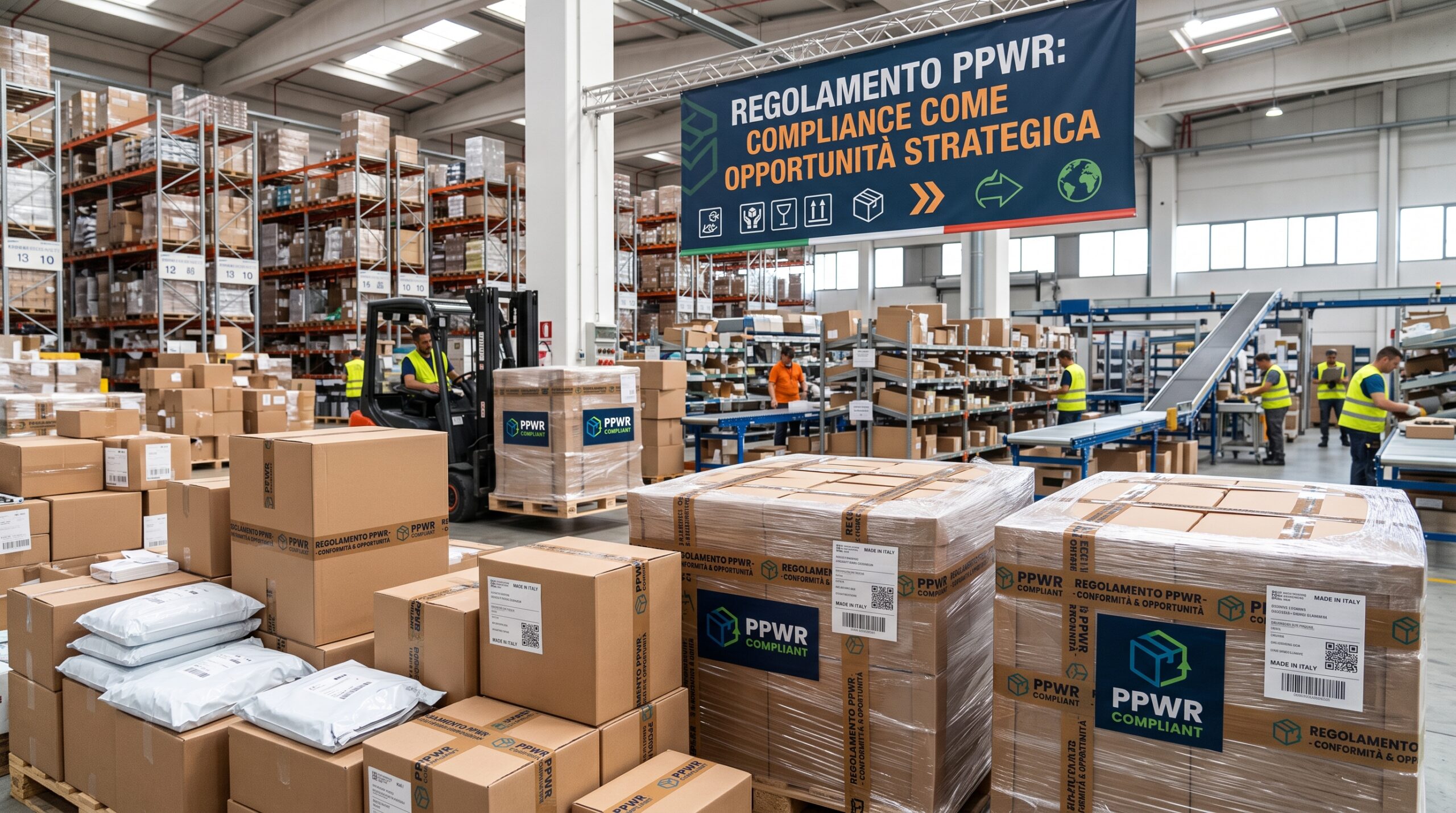 Magazzino con imballaggi in cartone e pallet, immagine dedicata al nuovo Regolamento europeo PPWR sugli imballaggi.