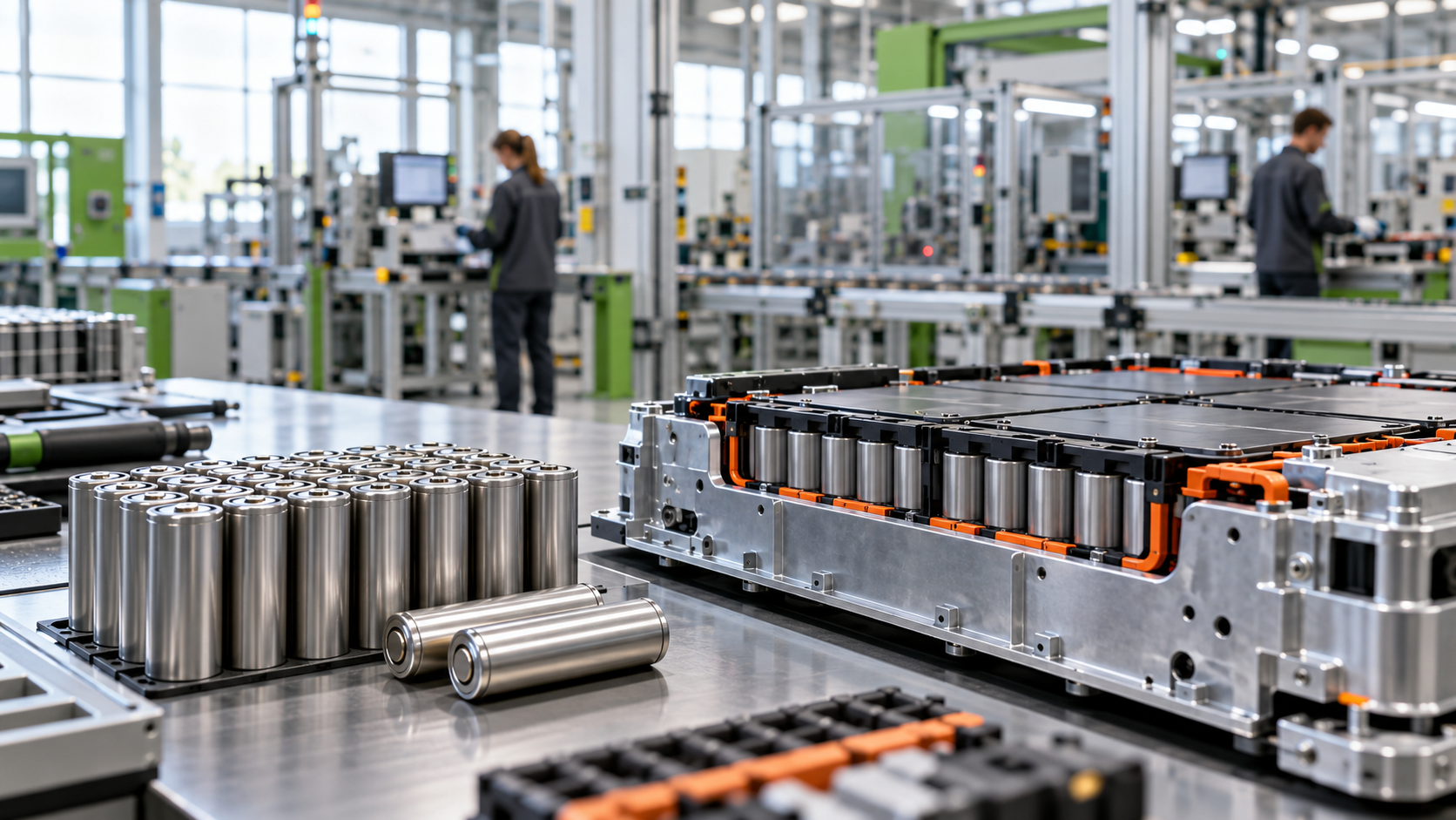 Celle ricaricabili e modulo batteria in uno stabilimento produttivo, illustrazione del Regolamento europeo sulle batterie.